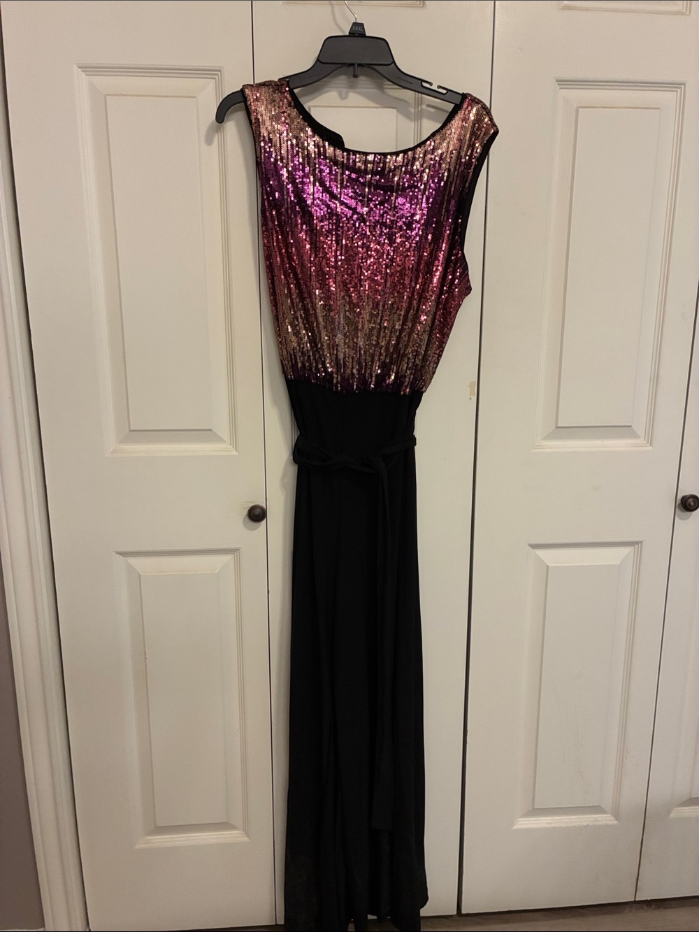 Sleeveless Sequin Ombre Jumpsuit in Pink, Gold & Black